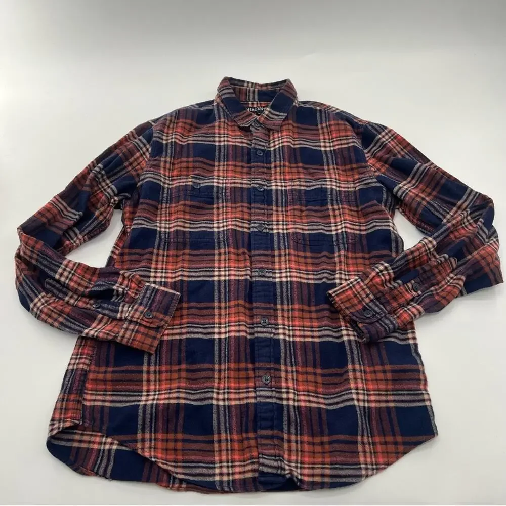 J. Crew Mercantile Flannel Plaid Button Up Long Sleeve Shirt Men’s Blue Orange